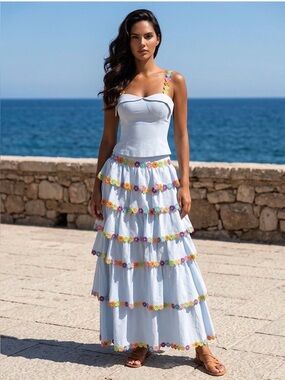 Light Blue Tiered Maxi Skirt with Multicolor Floral Trim